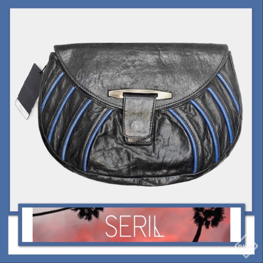 NWT *RARE* SERIL BRUISED LEATHER CLUTCH BLK/BLU